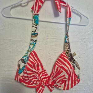 Bamboo Red White Stripe Halter Bikini Top Floral Tie Beach Resort Made USA Sz 8